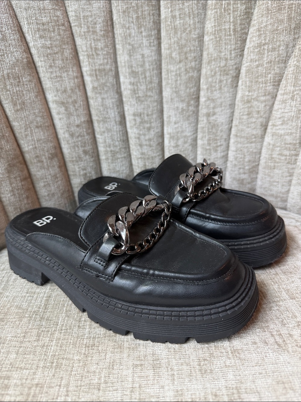 bp Black Chain-Trim Platform Mules
